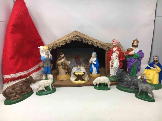 Nativity Set with Stable and Red Tree Skirt