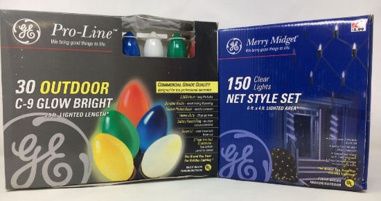 2 Sets of G.E. Christmas Light Sets- 30 C-9 Glow Bright Lights and 150 Clear Net Style Lights