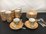 Antique Porcelain, Luster, Romantic Scene decorated Japan Teacups & Saucers with Spoons