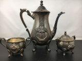 Antique Vintage Silverplated Coffee Service- Pot, Lidded Sugar and Creamer