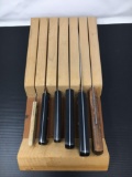 Wooden Knife Block with 6 Knives- 4 are J. A. Henckels
