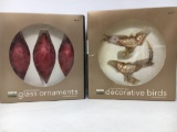 2 Boxes of Martha Stewart Christmas Ornaments- 2 Decorative Birds and 3 Teardrop Glass Ornaments