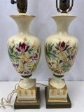 Pair of Floral Decorated Table Lamps, No Shades