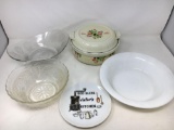 2 Glass Bowls, Covered Casserole, White Bowl and 