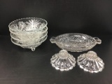 4 Matching Glass Bowls, Divided Dish and Pair of Candle Holders