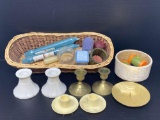 3 Pairs & One Single Candle Holders, Basket with Taper & Votive Candles, Planter with Other Items