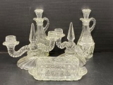 2 Glass Cruets, Pair of Glass Candle Holders and Lidded Butter Dish