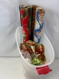 Lidded Plastic Tote with Christmas Wrap, Bows, Bags