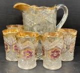 Glass Water Set with Pitcher and 5 Glasses, Gold & Cranberry Accenting