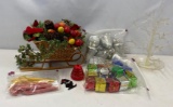 Sleigh Centerpiece with Greenery, Candy Cane Ornaments, Plastic Tree, Bell & Package Ornaments