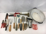 Grouping of Garden Tools, Accessories, Enamel Planter