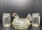 Glass Hen on Nest and 2 Mason Jar Hanging Candle Holders