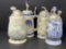 4 Ceramic Steins, 3 with Animal Finials on Lids