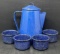 Blue Enamelware Coffee Pot and 4 Handleless Cups