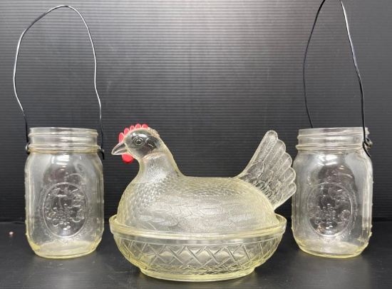Glass Hen on Nest and 2 Mason Jar Hanging Candle Holders