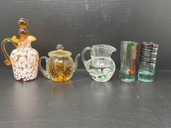 Art Glass Lot- Cruet, "Teapot", Creamer and 2 Glasses