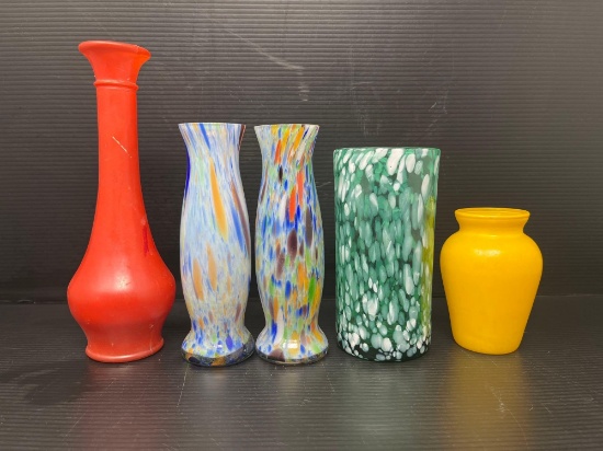 3 Art Glass Vases, Tall Orange Vase and Yellow Vase