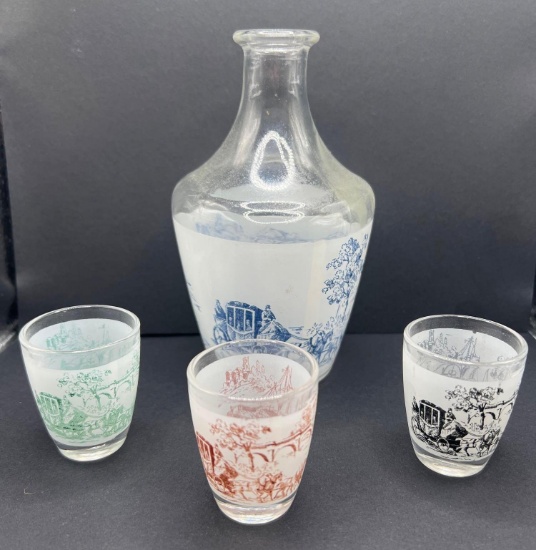 Ship Scene Decorated Bottle and Three Shot Glasses