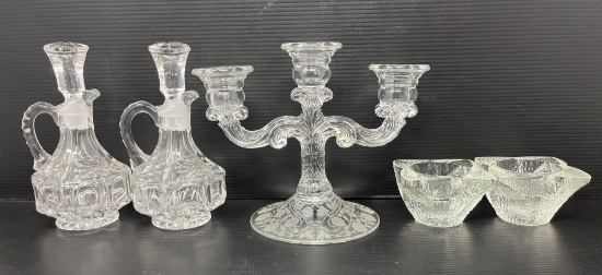 2 Pressed Glass Cruets, Candleabra and Pair of Candle Holders