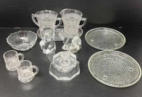 Glass Grouping-Bear & Bird Figure, Sugar & Creamer on Tray, 2 Plates, Small Cups, Bowl