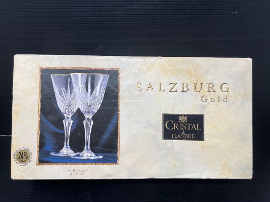 Cristal de Flandre France "Saltzburg Gold" Crystal Wine Glasses- NEW in Box