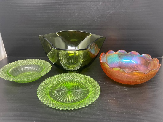 Glassware- Matching Green Depression Plate & Bowl, 6-Sided Bowl and Marigold Carnival Glass Bowl