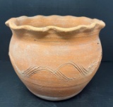 Pottery Pot with Ruffled Edges and Scored Wave Design