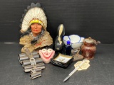 Plaster Indian Bust, Old Binder Clips, Coasters, Thermometer, Skunk Figure, Bowl, Bottle & Grinder