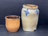 2 Antique Stoneware Crocks- One with Blue Cobalt Decoration