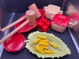 Vintage Plastics Lot: Salt and Pepper Shakers, Corn Forks, Small Plates
