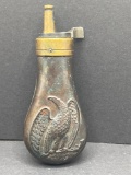 Small Vintage Copper Pistol Powder Flask with Embossed Eagle holding Pistol