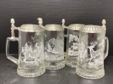 4 Etched Glass Wildlife Steins with Pewter Lids