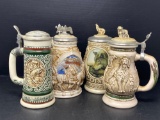 4 Ceramic Steins, 3 with Animal Finials on Lids