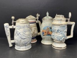 4 Ceramic Steins, 2 with Finials on Lids