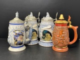 4 Ceramic Steins, All with Finials on Lids