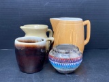 Gold Pottery Pitcher, Cream Striped PItcher, Dripware Mug and Navajo Pottery Trinket Cup.