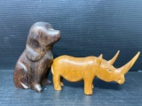 Wooden Rhinoceros and Dog Figurines