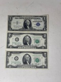 1935E One Dollar Silver Certificate, Two 1976 $2 Bills