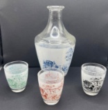 Ship Scene Decorated Bottle and Three Shot Glasses