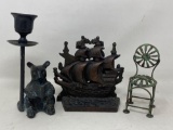 Cast Iron Sailing Ship Bookends; Cast Metal Bear Figure Candle Stick;