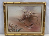 Framed O/C Painting of Hummingbirds with Flowers, Signed 