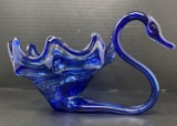 Cobalt Blue, Blown, Art Glass Swan Candy Dish, Murano Type,