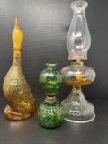 Clear & Green Glass Kerosene Lamps and Amber Glass Duck Decanter