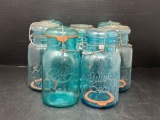 8 Vintage Blue Canning Jars with Wire Closures, 7 Have Glass Lids