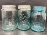 3 Antique/Vintage Blue Canning Jars, 2 Have Zinc Lids