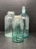 2 Blue Jars, One with Zinc Lid and 1 Blue Bottle with Glass Stopper