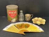 Bokar Coffee Tin, Pewter Cup, Small Bottle, Nut Dish and Hand Fan
