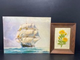 Unframed Print of 3-Masted Ship and Framed Crewel Floral Piece