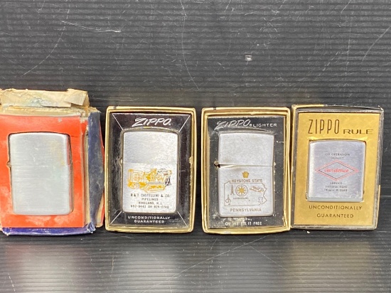 4 Zippo Lighters- 2 Advertising, One Plain & One "Keystone State"- All with Cardboard Boxes