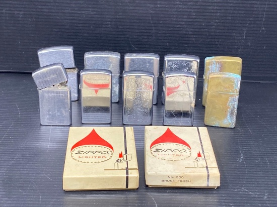 Grouping of 10 Zippo Lighters- 2 are Brass and 2 Empty Zippo Boxes